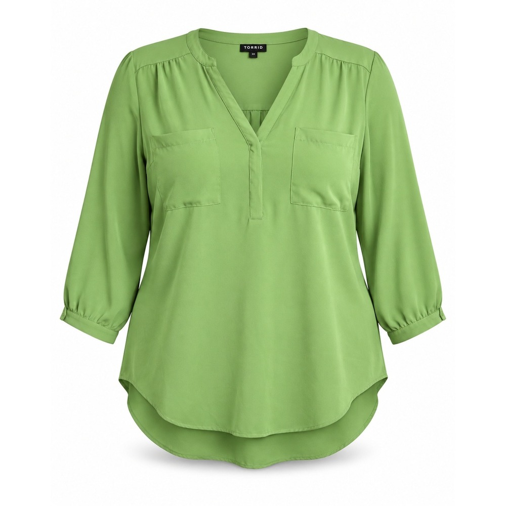 Torrid Harper Blouse 1 Plus Size Green Georgette 3/4 Sleeve Pullover Pockets